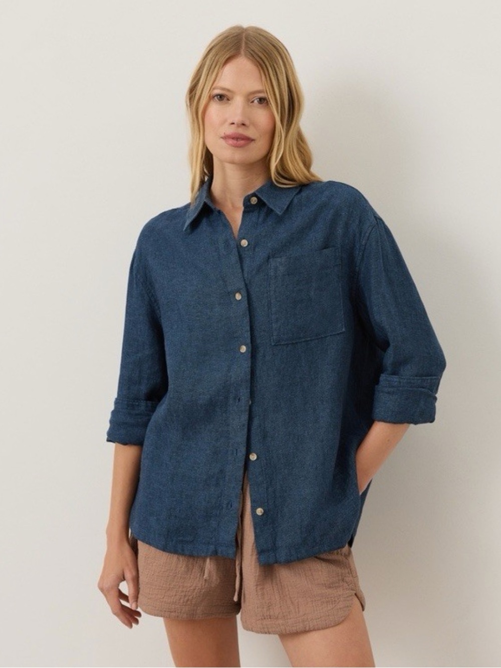 PACT Navy Yarn Dye Linen Button-Up
